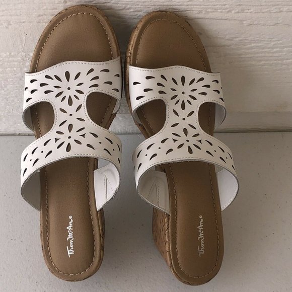 Thom Mcan Shoes | Womens 10M Thom Mcan Elise Cork Wedge Sandal White Leather Upper | Color: White | Size: 10M | Boshibaby's Closet